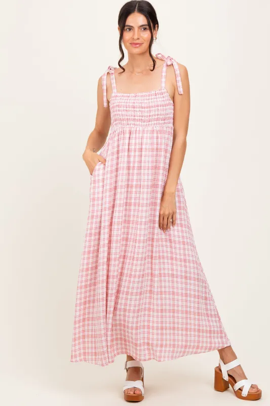 Pink Plaid Smocked Shoulder Tie Maxi Dress sold by Pinkblush