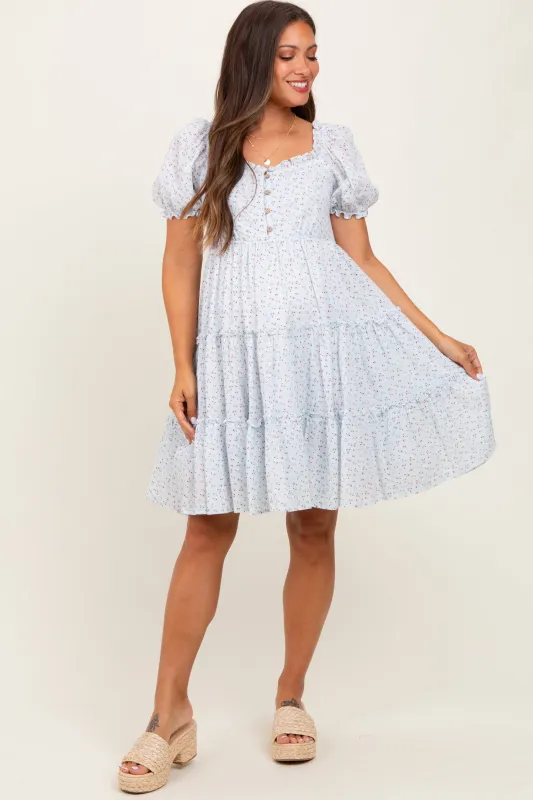 Light Blue Printed Button Up Ruffle Tiered Maternity Dress sold by Pinkblush