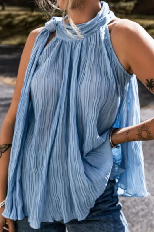 Textured Pleated Tied Mock Neck Flowy Tank Top sold by Charming Charlie