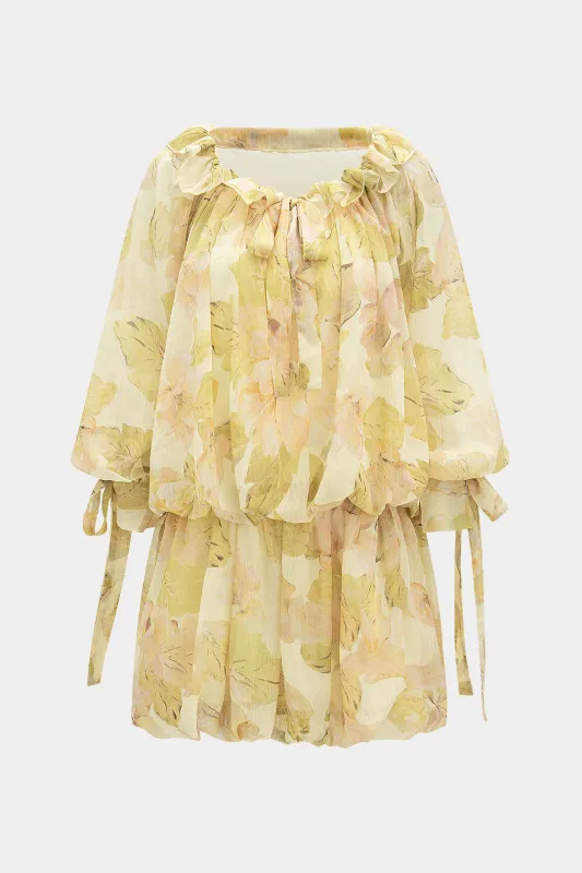 Mesh blomsterprint off skulder ruffle langærmet mini kjole sold by Micas