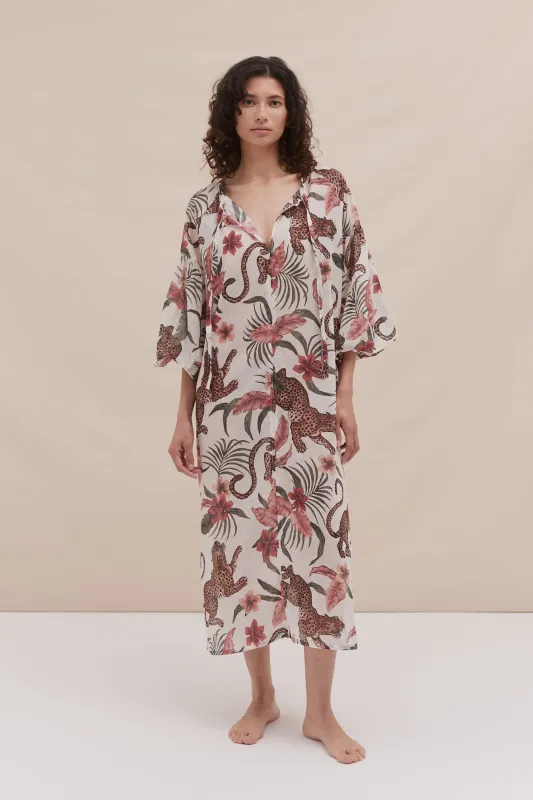 Blouson Sleeve Kaftan Soleia Leopard Print Cream sold by Desmond & Dempsey