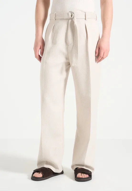 Loic -  Wide Leg Textured Trousers with Belt - Cream sold by Maniere De Voir