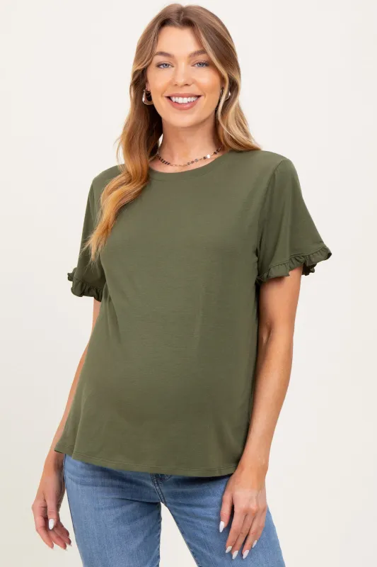 Olive Ruffle Trim Short Sleeve Maternity T-Shirt sold by Pinkblush