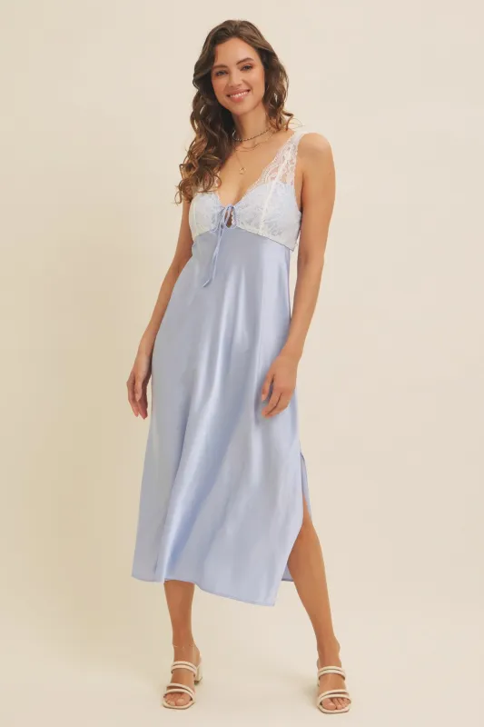 Light Blue Satin Lace Side Slit Slip Dress sold by Pinkblush