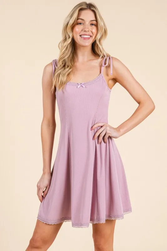 Mauve Shoulder Tie Lace Trim Mini Dress sold by Pinkblush