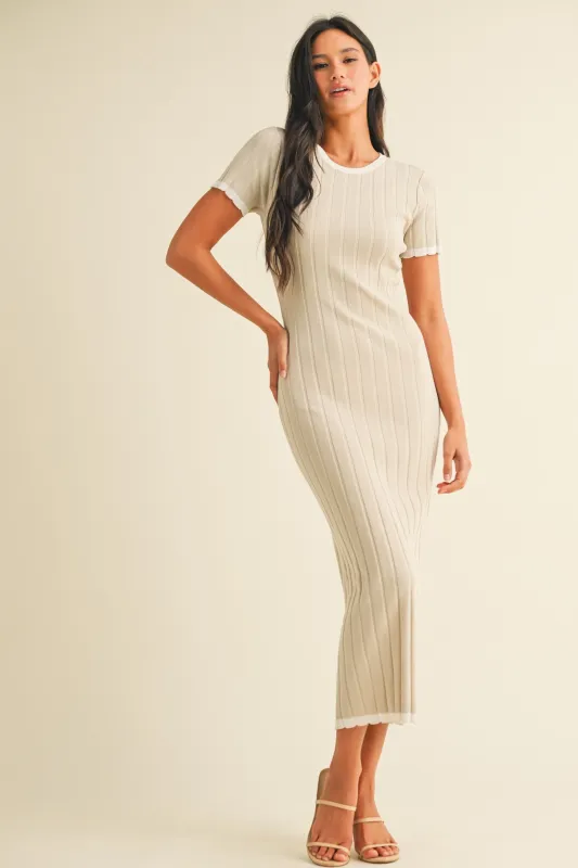 Beige/White Short Sleeve Sweater Knit Rib Midi Dress sold by Pinkblush