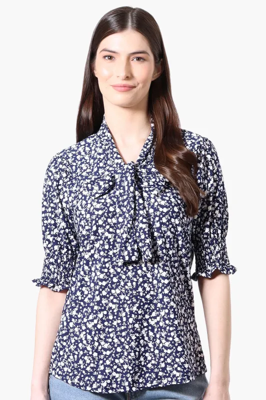 Beechers Brook Floral Tie Neck Smocked Sleeve Blouse - Navy sold by Fairweather