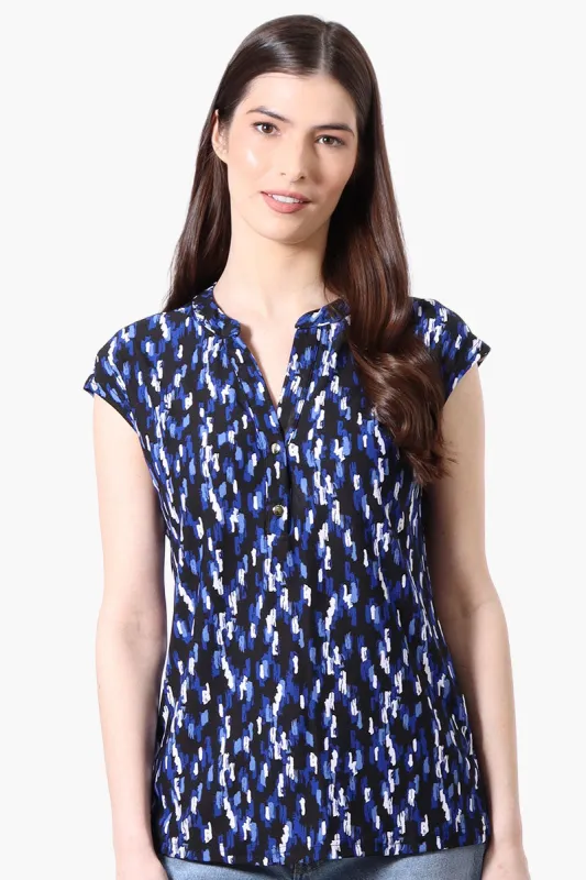 International INC Company Patterned Cap Sleeve Henley Shirt - Blue sold by Fairweather