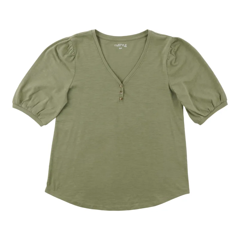 mySTYLE Women's Puff Sleeve Henley Tee sold by Giant Tiger