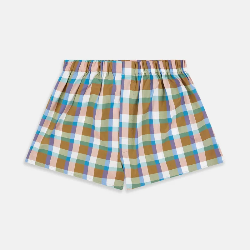 Green and Pink Multi Check Linen Blend Godfrey Boxer Shorts sold by Turnbull & Asser