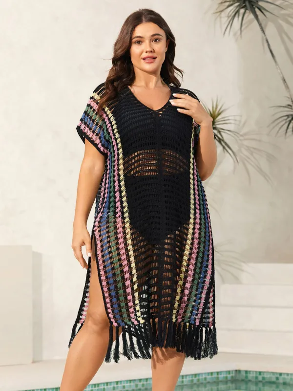 Colorful Stripes Cut-Out Tassel Swim Cover-Up sold by Bloomchic