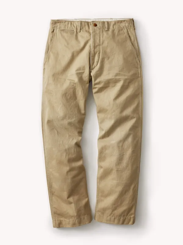 Uniform Khaki Paperback Twill Full Saddle Chino sold by Buck Mason