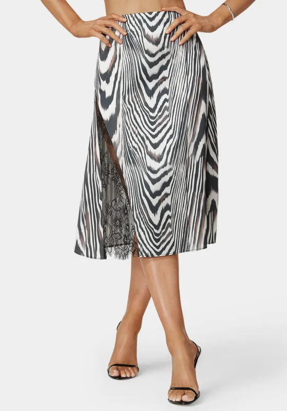 Asymmetrical Lace Insert Satin Skirt sold by Bebe