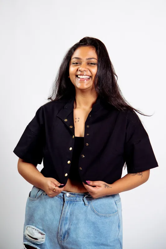 Popper Mid Crop Short sleeved shirt in Black sold by Manners London