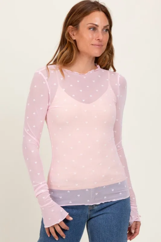Light Pink Mesh Heart High Neck Long Sleeve Top sold by Pinkblush