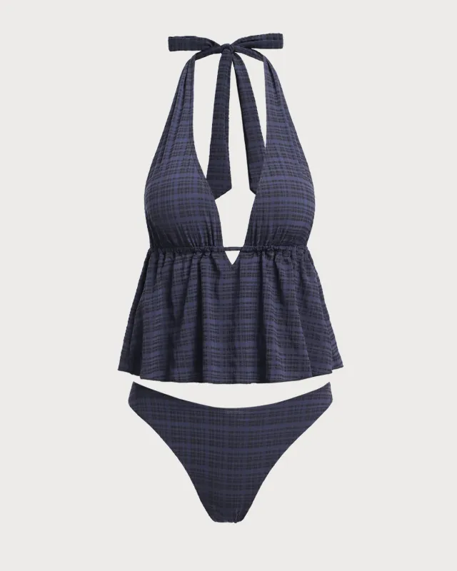 Black Deep V Neck Plaid Tankini Swimsuit sold by rihoas
