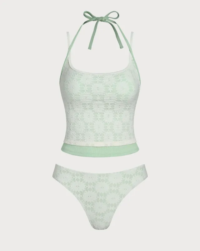 Green Contrast Lace Tankini Swimsuit sold by rihoas
