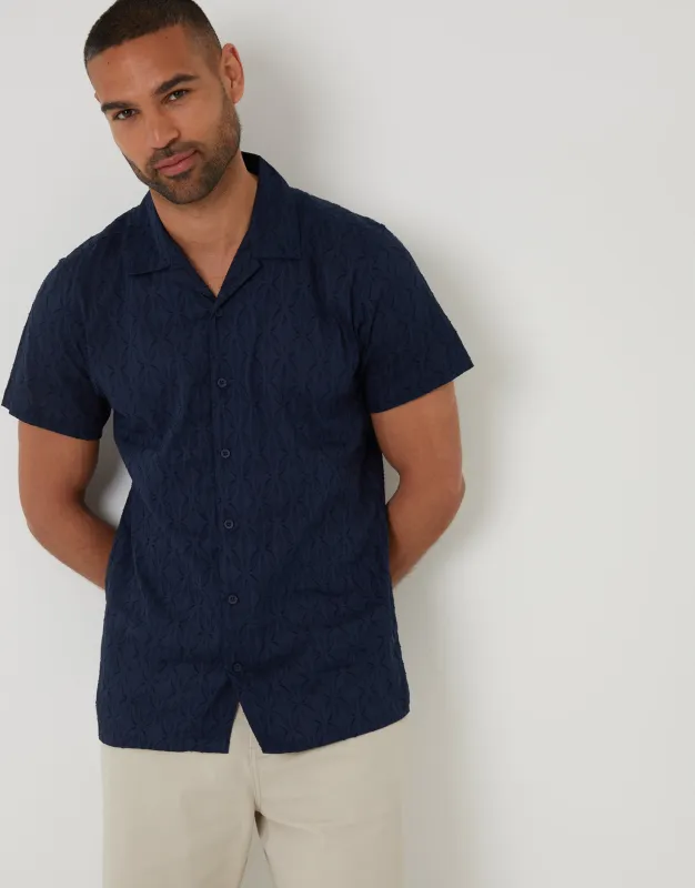Threadbare Men's Navy Cotton Pluck Textured Revere Collar Short Sleeve Shirt sold by Threadbare