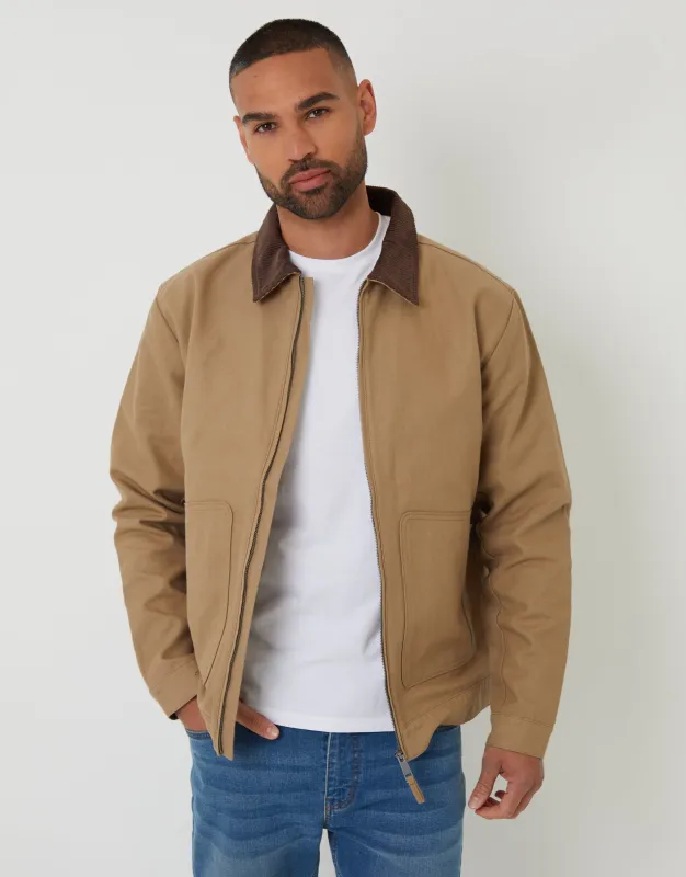 Dark Stone Cotton Corduroy Collar Lightweight Jacket sold by Threadbare