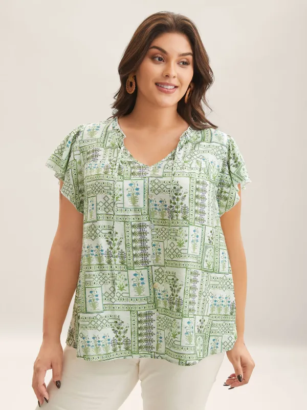 Serene Leaf Collage Flutter Sleeve Blouse sold by Bloomchic