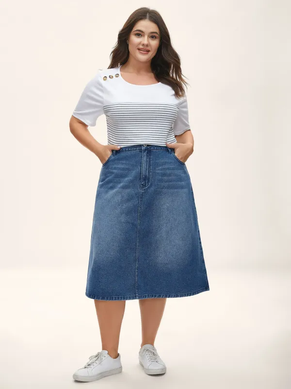 A-Line Midi Denim Skirt sold by Bloomchic