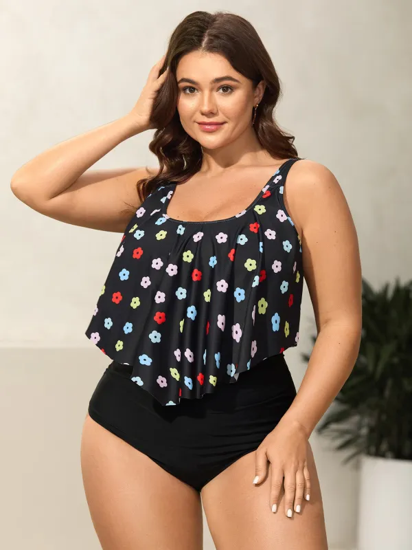 Colorful Floral Layered One-Piece Swimsuit sold by Bloomchic