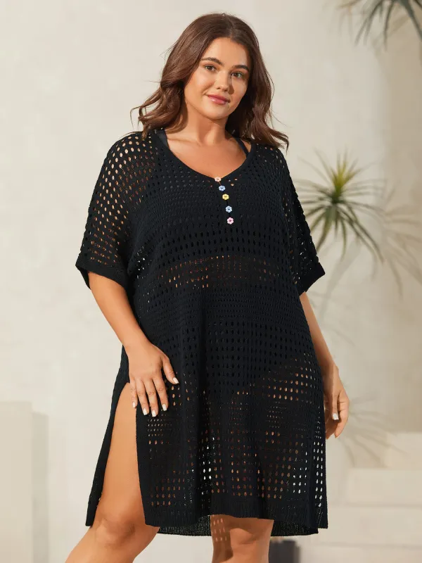 Cut-Out Textured Buttons Swim Cover-Up sold by Bloomchic