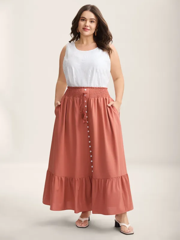 Shirred Back Button Detail Maxi Skirt sold by Bloomchic