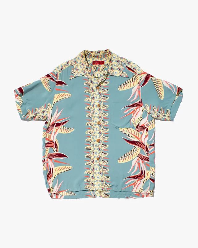 Japanese Repro, Aloha Shirt, Yamane, Blue with Feathers - 40 sold by Kiriko