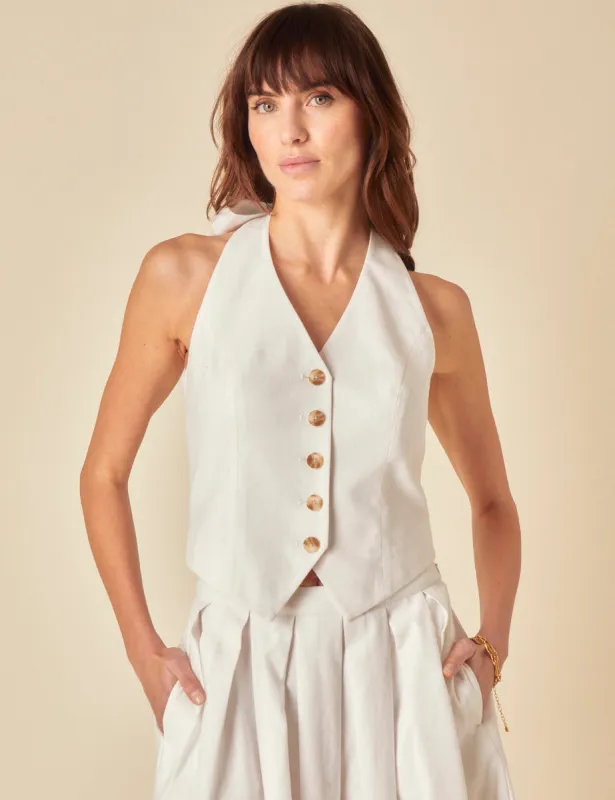 White Linen-blend Halter Neck Waistcoat sold by Nobody's Child
