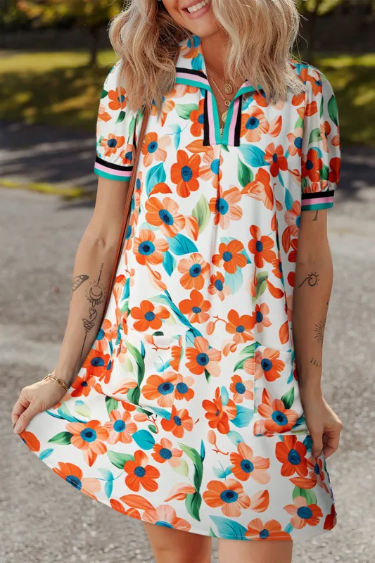 Contrast Trim Floral Split Neck Puff Short Sleeve Tiered Mini Dress sold by Beagle Boutique