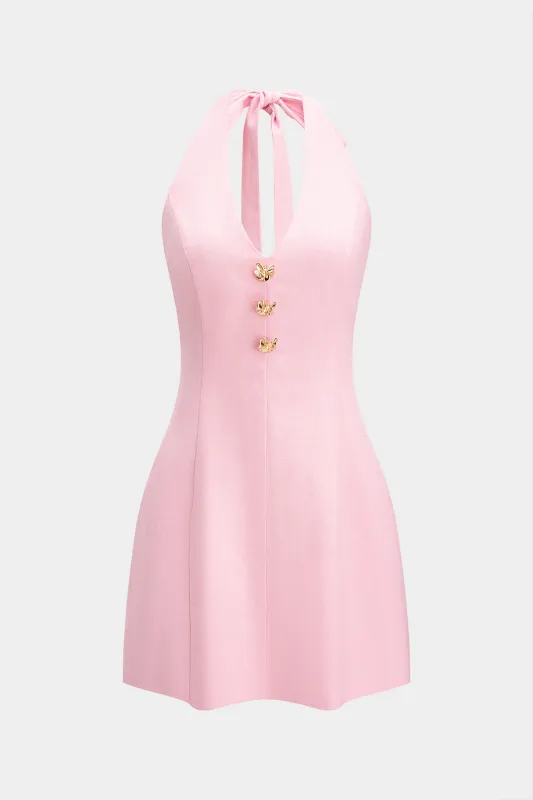 Linen V-Neck Halter Neck Tie-Up Metallic Button Backless Sleeveless Mini Dress sold by Micas