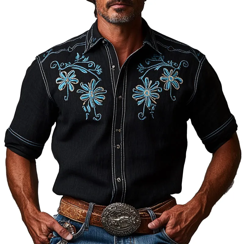 Men's Summer Denim Style Embroidered Cotton Blended Short Sleeve Shirt MTA2890D9P sold by Manly
