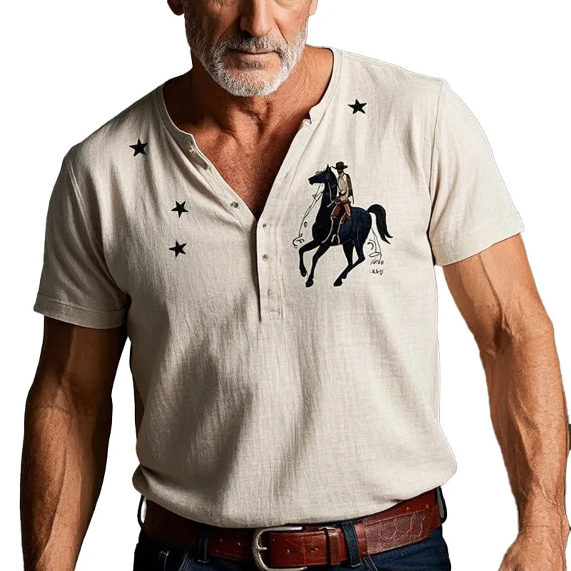 Men's Summer Fashion Denim Style Printed Short Sleeve Henley Shirt MTA2762D4P sold by Manly