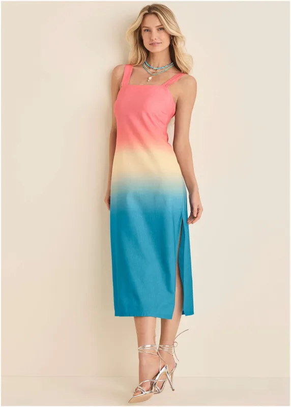 Linen Grommet Detail Midi - Pink & Blue Dip Dye sold by VENUS