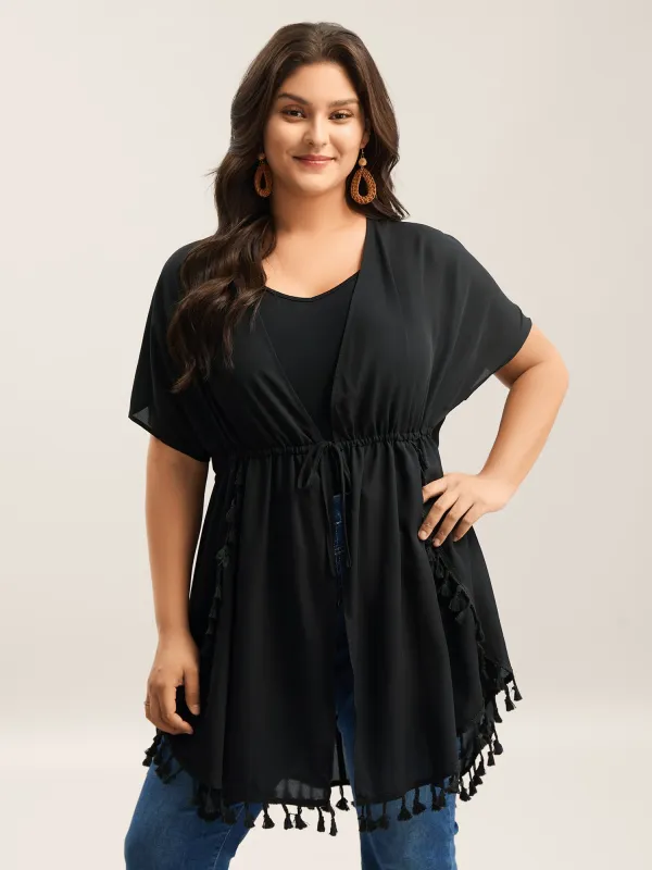 Overlap Hem Waist-Tie Sheer Kimono sold by Bloomchic