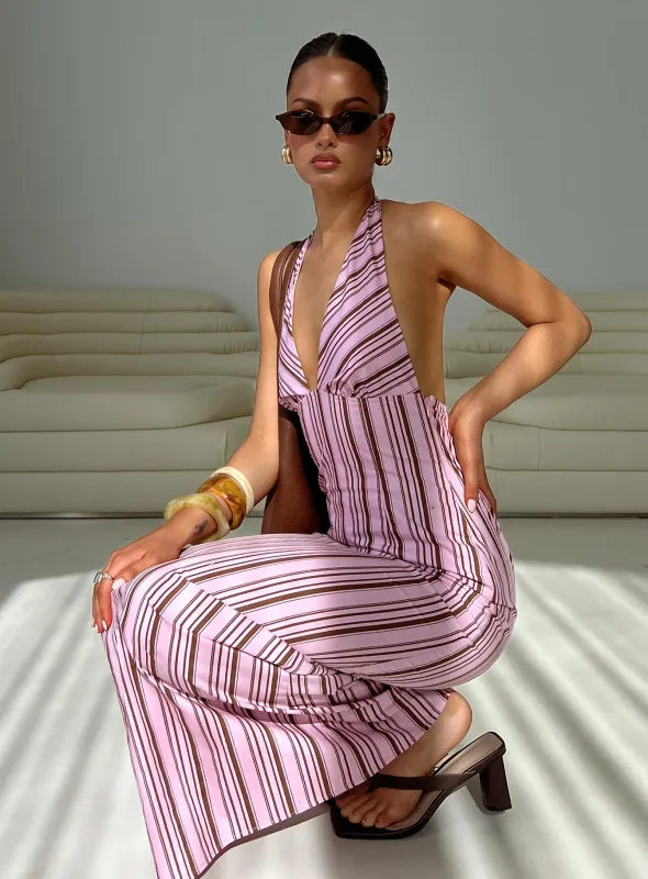 Avrie Halter Maxi Dress Pink / Brown Stripe sold by Princess Polly