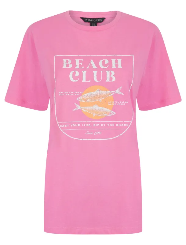 Sardine Graphic Motif Cotton Jersey Crew Neck T-Shirt in Pink Cosmos - Weekend Vibes sold by Tokyo Laundry