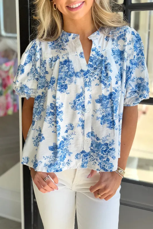 Sky Blue Floral Tiered Puff Short Sleeve Pleated Bust Buttoned Casual Shirt sold by Beagle Boutique