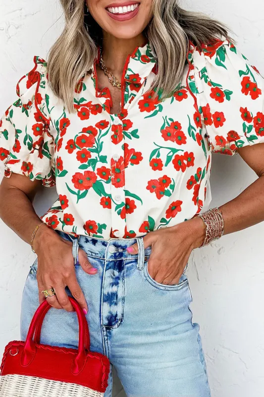 Red Floral Print Ruffled Puff Short Sleeve Shirt sold by Beagle Boutique