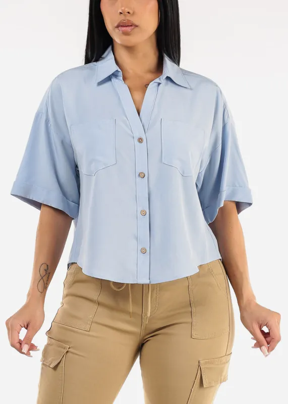Short Sleeve Button Up Woven Shirt Light Blue sold by Moda