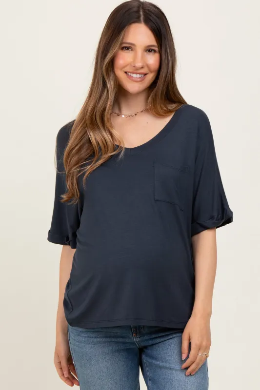 Charcoal Oversized V-Neck Front Pocket Maternity T-Shirt sold by Pinkblush