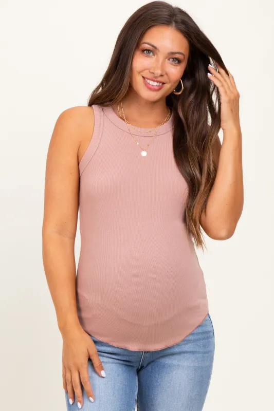 Mauve Ribbed Basic Crew Neck Maternity Tank sold by Pinkblush