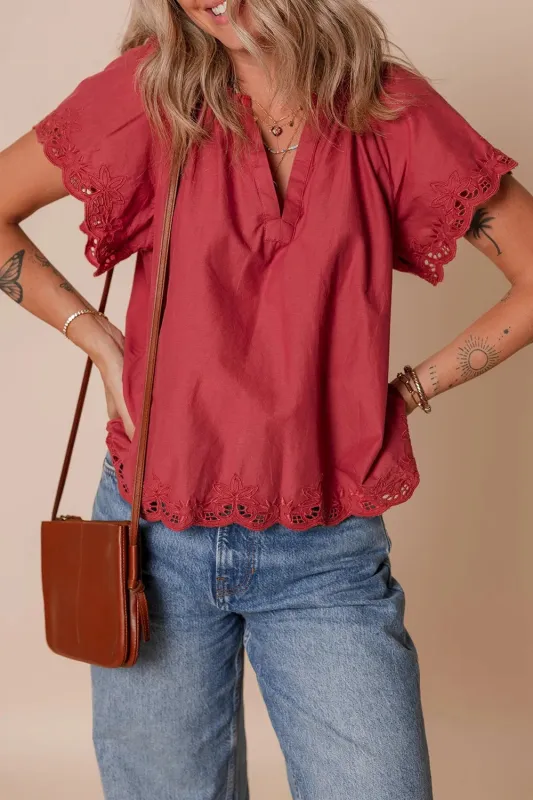 Floral Embroidered Scallop Trim Short Sleeve Notched Blouse sold by Charming Charlie