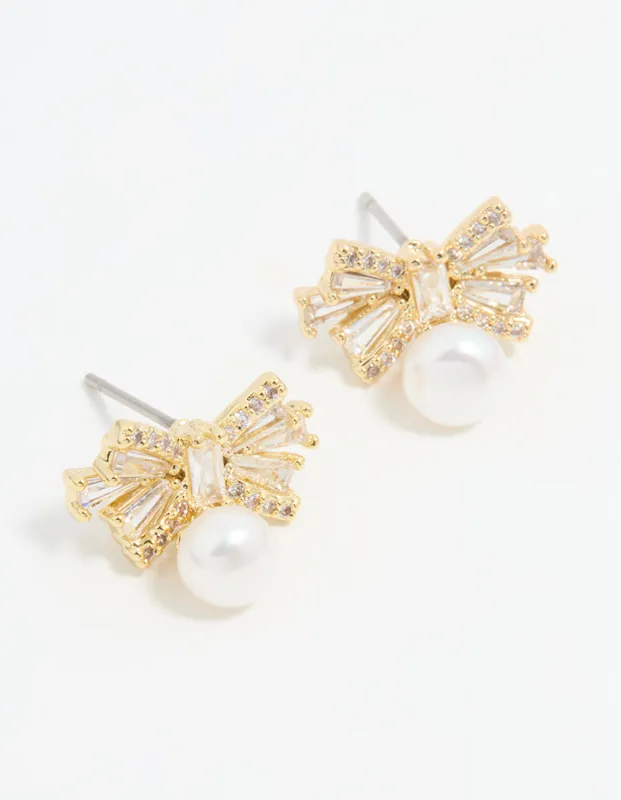 Gold Plated Pearl & Cubic Zirconia Bow Baguette Drop Earrings sold by lovisa
