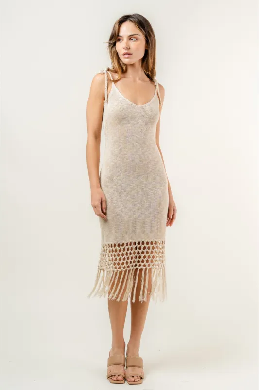Kami Crochet Tie Strap Fringed Midi Dress sold by fab'rik