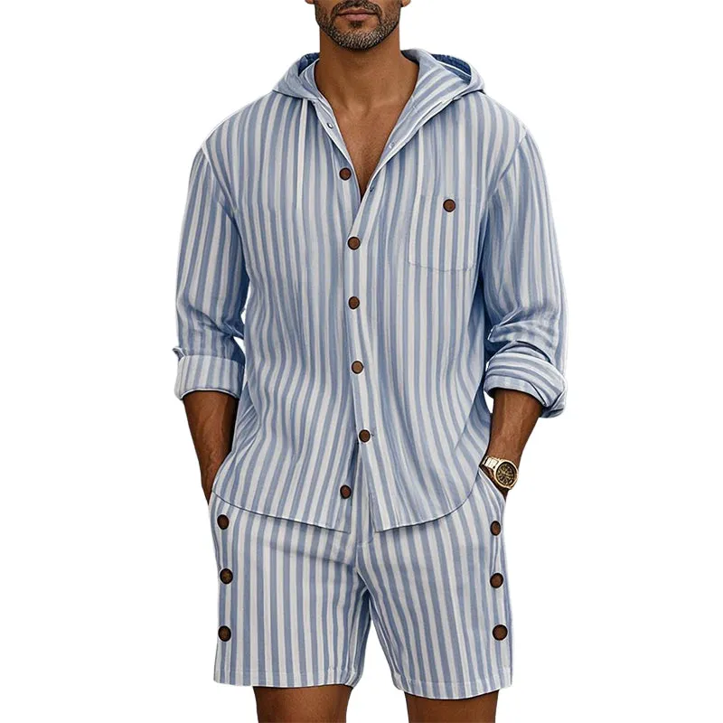 Men's Striped Print Long Sleeve Hoodie Shorts Casual Two-Piece Set MTA2916D8X sold by Manly
