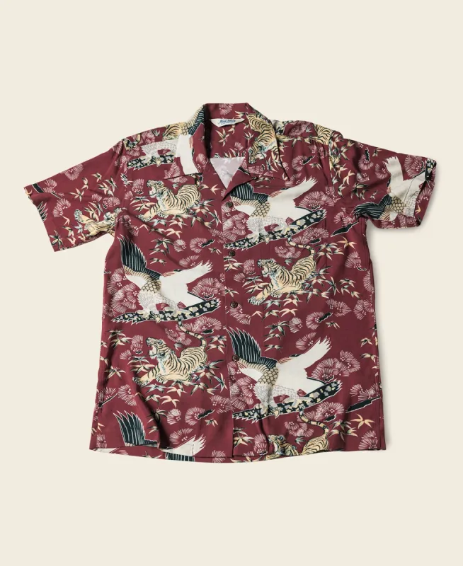 Ukiyo-e Tiger & Crane Pattern Aloha Shirt - Wine Red sold by Bronson Mfg.