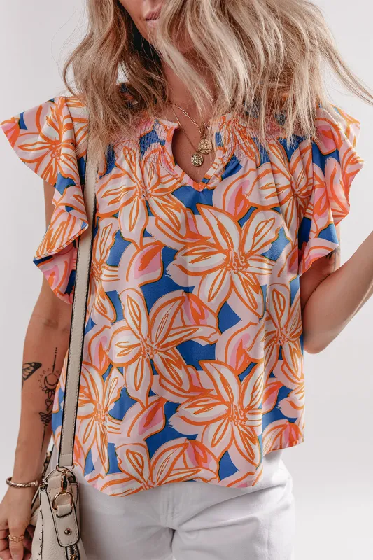 Orange Summer Flower Print Notched Neck Ruffle Sleeve Blouse sold by Beagle Boutique