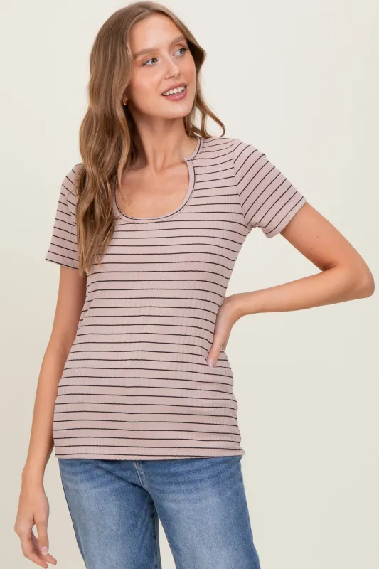 Mocha Ribbed Striped Short Sleeve Top sold by Pinkblush